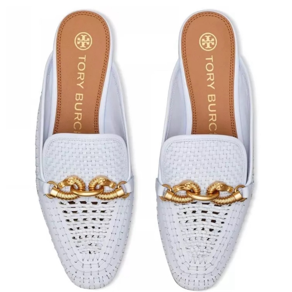 Tory Burch White Woven Leather Loafer Mules with Gold Chain
